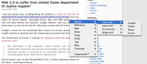 Hyperwords drop-down menu
