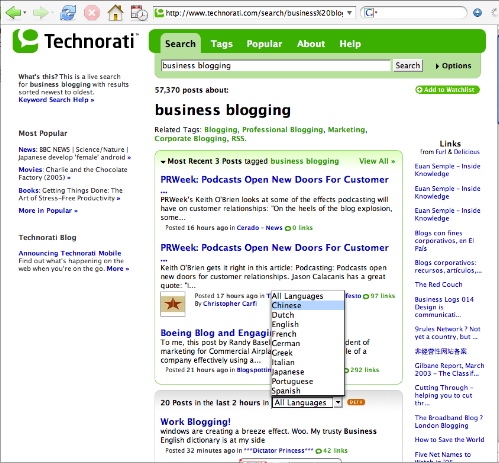 Technorati's new Beta language filter
