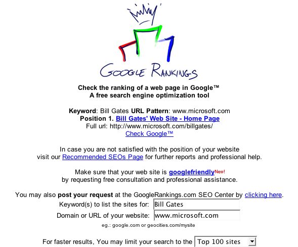 Google Rankings results window